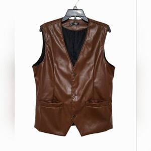 Lars Amadeus Brown Faux Leather Vest Men’s Large Lined Motorcycle Style